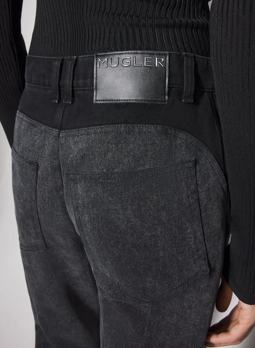 Women MUGLER washed black bi-material straight leg jeans