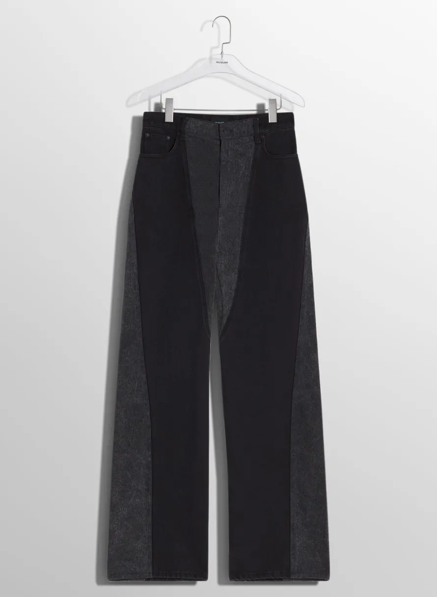 Women MUGLER washed black bi-material straight leg jeans