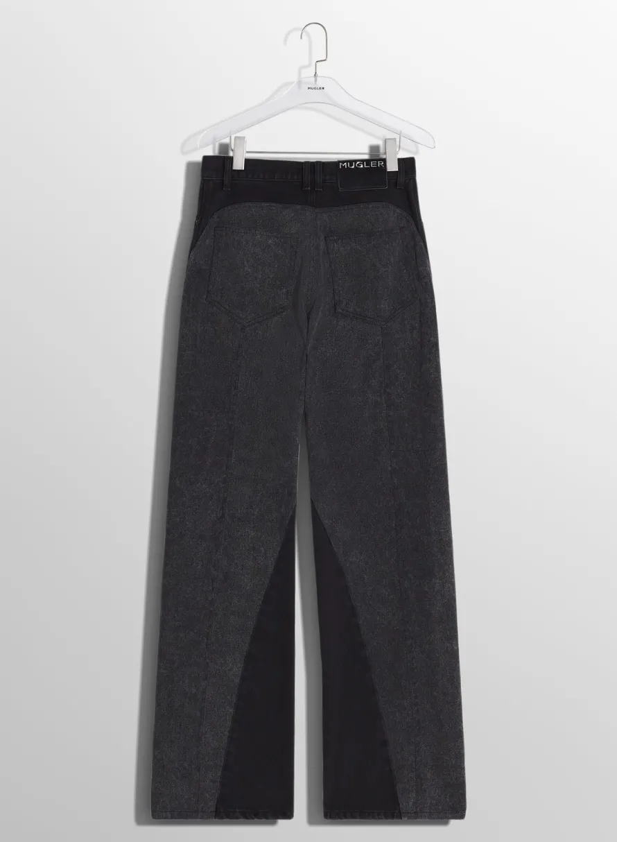 Women MUGLER washed black bi-material straight leg jeans