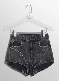 Women MUGLER washed black denim studded shorts