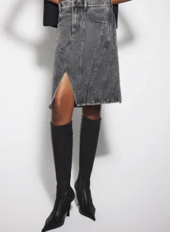 Women MUGLER washed black spiral denim skirt