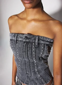 Women MUGLER washed black spiral denim studded bustier