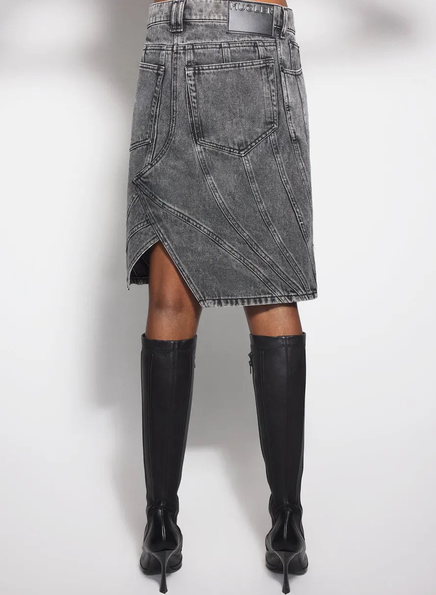 Women MUGLER washed black spiral denim skirt