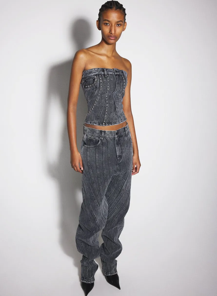 Women MUGLER washed black spiral denim studded bustier