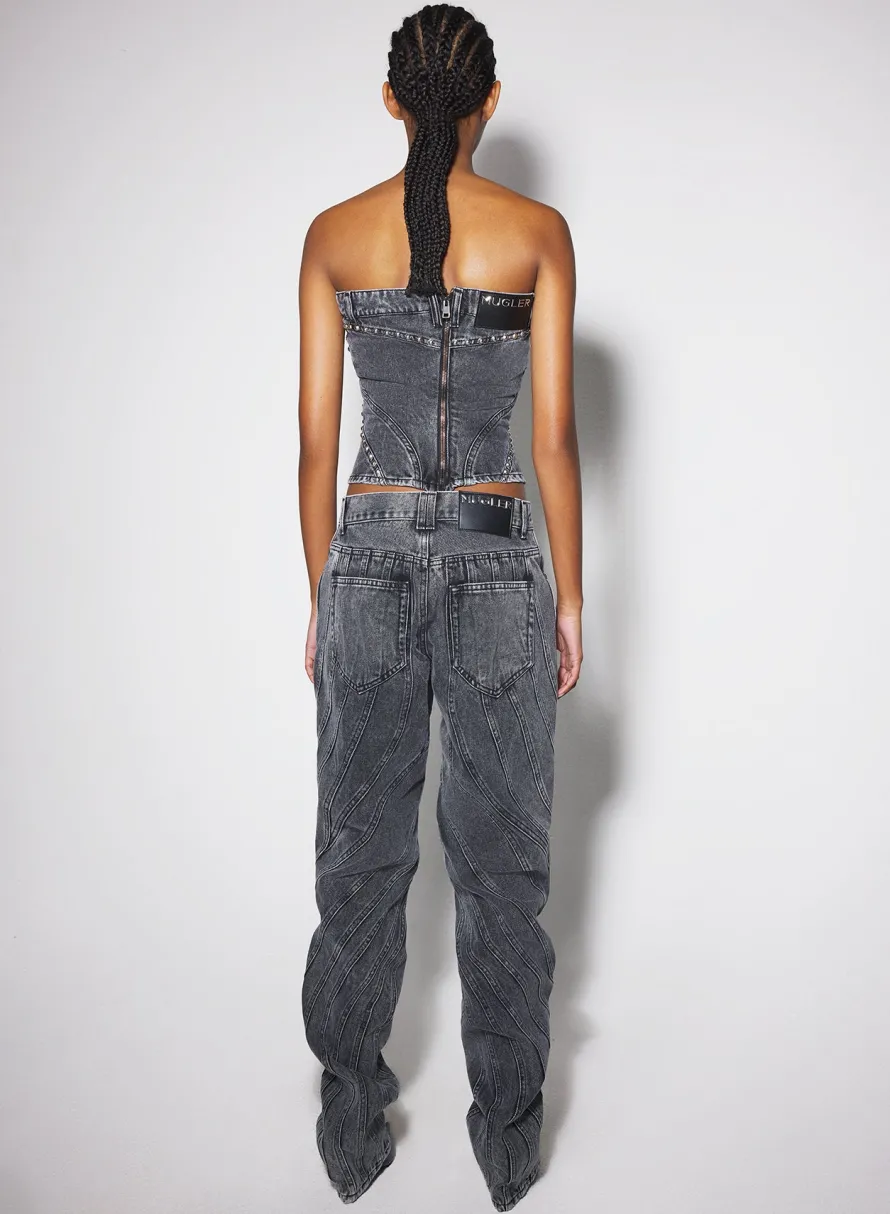Women MUGLER washed black spiral denim studded bustier