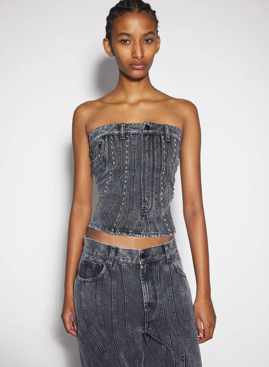 Women MUGLER washed black spiral denim studded bustier