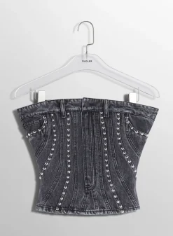 Women MUGLER washed black spiral denim studded bustier