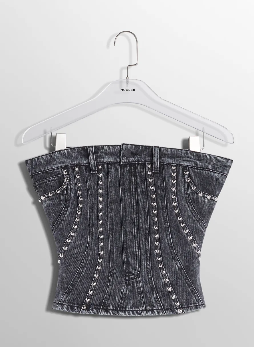 Women MUGLER washed black spiral denim studded bustier