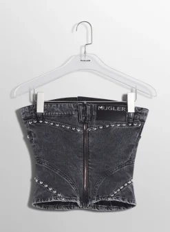 Women MUGLER washed black spiral denim studded bustier