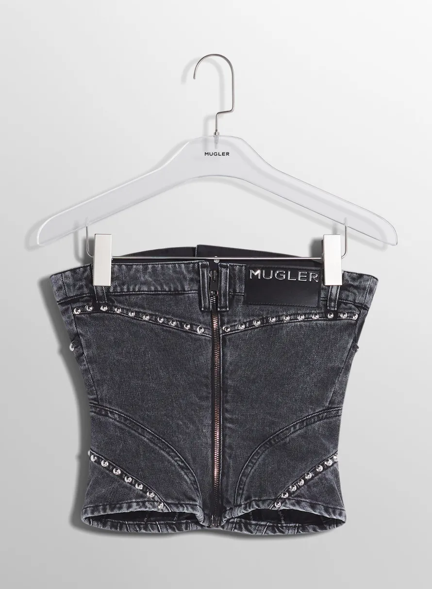Women MUGLER washed black spiral denim studded bustier