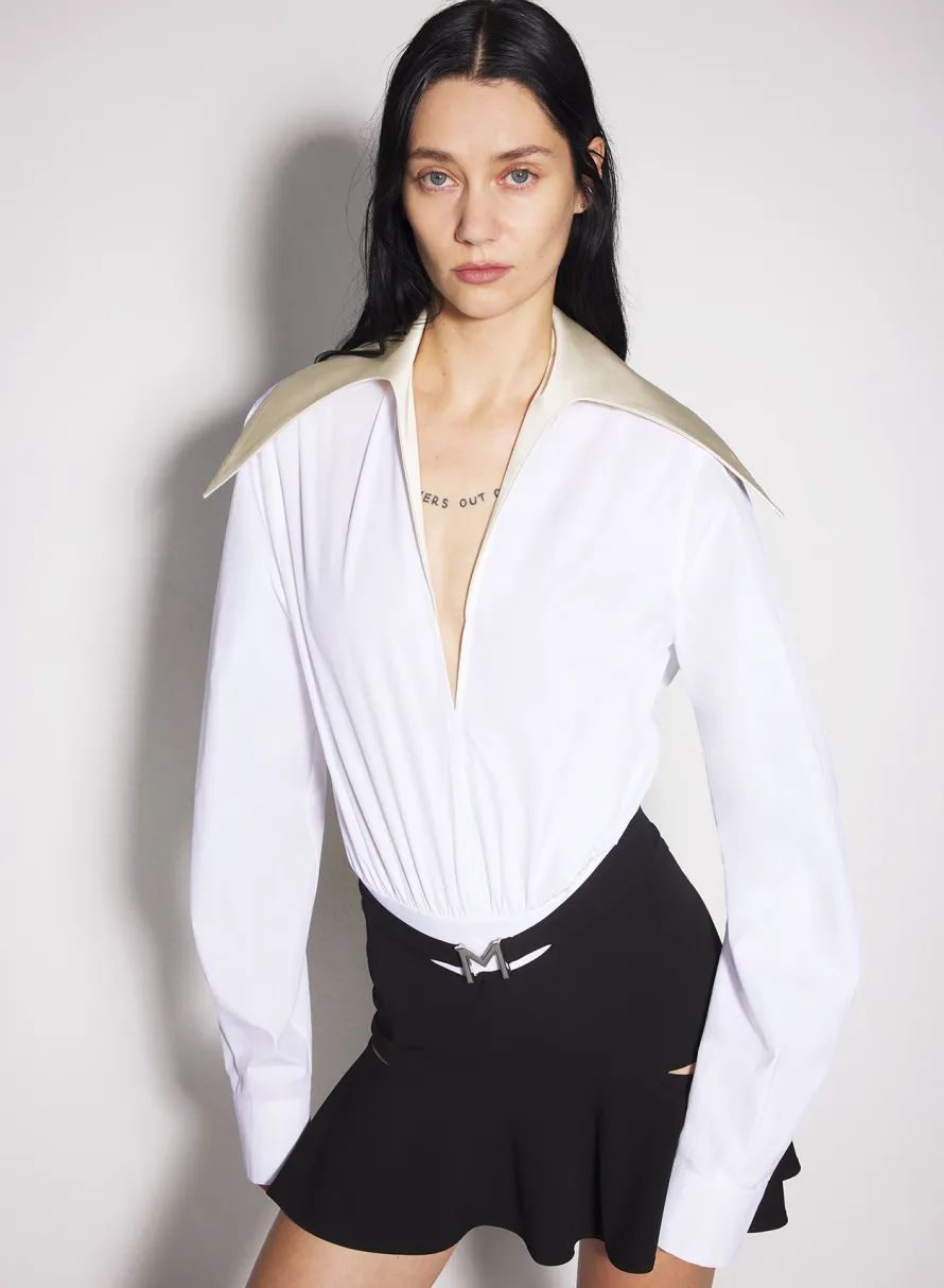 Women MUGLER white spiky satin collar bodysuit