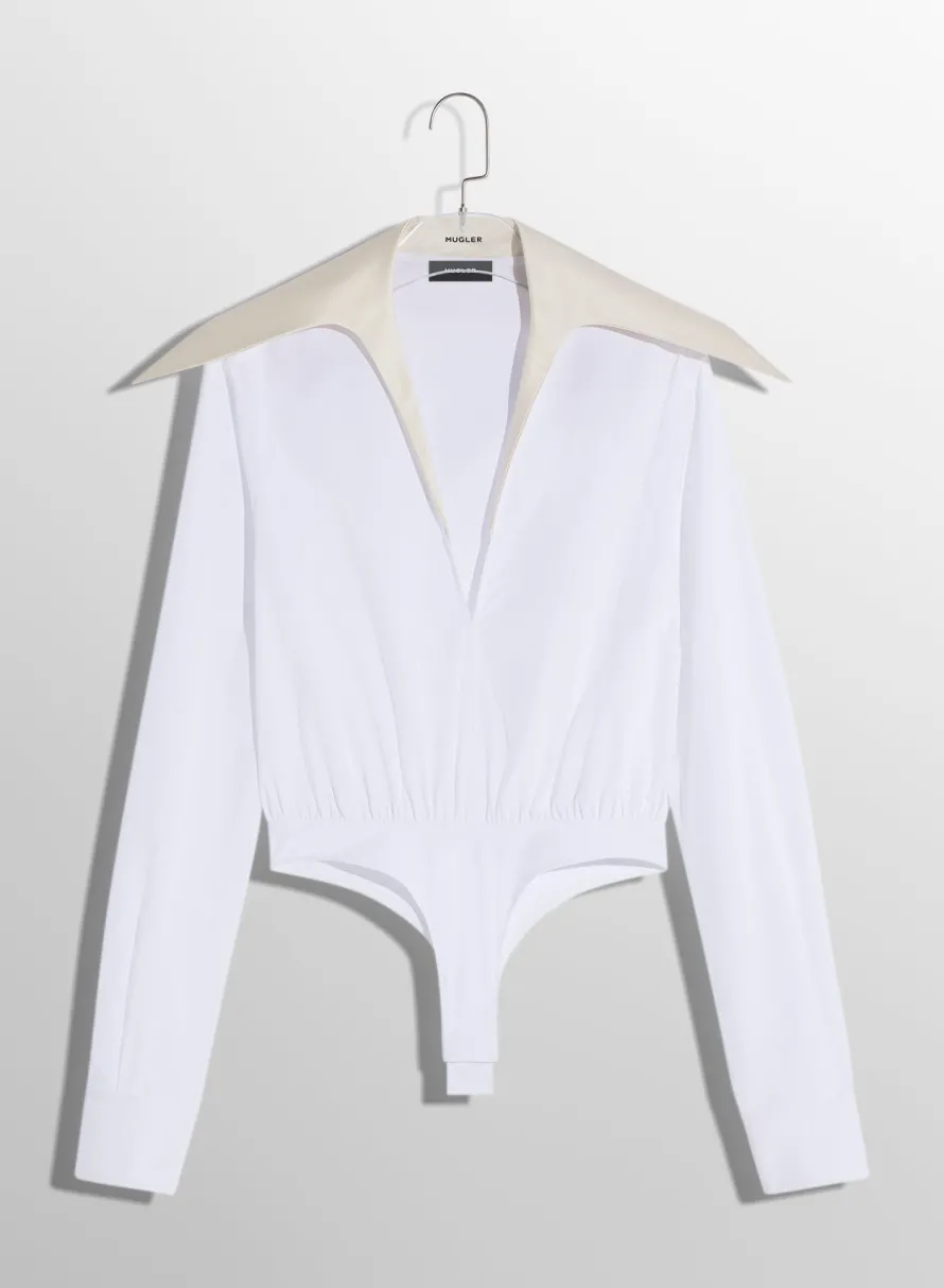 Women MUGLER white spiky satin collar bodysuit